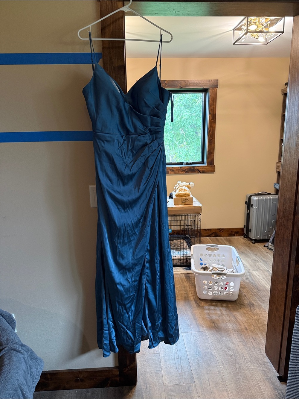Satin V-Neck Maxi Dress in Teal with Spaghetti Straps